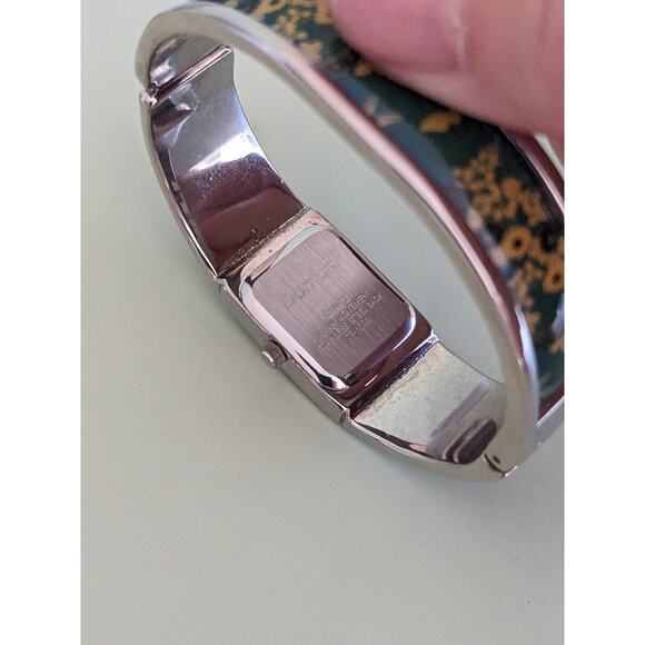 Vintage Domani Silver Tone Bangle Watch Yellow Florals on Green - Picture 5 of 10